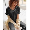 image:imageEkouaer Satin Pajamas for Women Short Sleeve Silk Pajama Sets Soft Sleepwear Top with Causal Long Pj PantBlack