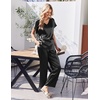 image:imageEkouaer Silk Pajamas for Women 2 Piece Satin Pjs Cap Short Sleeve Sleepwear V Neck Shirt Long Pant Lounge SetsBlack