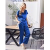 image:imageEkouaer Silk Pajamas for Women 2 Piece Satin Pjs Cap Short Sleeve Sleepwear V Neck Shirt Long Pant Lounge SetsBlue