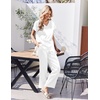 image:imageEkouaer Silk Pajamas for Women 2 Piece Satin Pjs Cap Short Sleeve Sleepwear V Neck Shirt Long Pant Lounge SetsWhitesheer