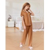 image:imageEkouaer Women Pajamas Button Down Notch Collar Soft Short Sleeve Pjs with Long Pant Lounge SetKhaki