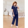 image:imageEkouaer Women Pajamas Button Down Notch Collar Soft Short Sleeve Pjs with Long Pant Lounge SetNavy Blue