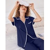 image:imageEkouaer Women Pajamas Button Down Notch Collar Soft Short Sleeve Pjs with Long Pant Lounge SetNavy Blue