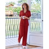 image:imageEkouaer Women Pajamas Button Down Notch Collar Soft Short Sleeve Pjs with Long Pant Lounge SetWine Red
