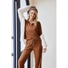 image:imageEkouaer Womens 2 Piece Matching Lounge Sets Fall Outfits 2025 Sweatsuit Waffle Knit Pajamas Sets Long Sleeve Sweater ClothesLight Brown