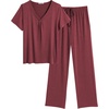 image:imageEkouaer Womens Pajamas Set Soft 2 Piece Lounge Sets Vneck Sleepwear Short Sleeve Top Pants with PocketsWine Red