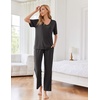 image:imageEkouaer Womens Ribbed Knit Lounge Set Short Sleeve Top and Long Pants Sleepwear Pajama Set Two Piece Matching Outfits SetBlack