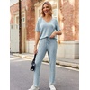 image:imageEkouaer Womens Ribbed Knit Lounge Set Short Sleeve Top and Long Pants Sleepwear Pajama Set Two Piece Matching Outfits SetBlue