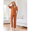 image:imageEkouaer Womens Ribbed Knit Lounge Set Short Sleeve Top and Long Pants Sleepwear Pajama Set Two Piece Matching Outfits SetCaramel