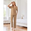 image:imageEkouaer Womens Ribbed Knit Lounge Set Short Sleeve Top and Long Pants Sleepwear Pajama Set Two Piece Matching Outfits SetCoffee