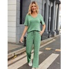 image:imageEkouaer Womens Ribbed Knit Lounge Set Short Sleeve Top and Long Pants Sleepwear Pajama Set Two Piece Matching Outfits SetGreen