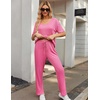image:imageEkouaer Womens Ribbed Knit Lounge Set Short Sleeve Top and Long Pants Sleepwear Pajama Set Two Piece Matching Outfits SetHot Pink