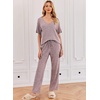 image:imageEkouaer Womens Ribbed Knit Lounge Set Short Sleeve Top and Long Pants Sleepwear Pajama Set Two Piece Matching Outfits SetLight Purple