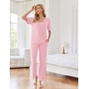 image:imageEkouaer Womens Ribbed Knit Lounge Set Short Sleeve Top and Long Pants Sleepwear Pajama Set Two Piece Matching Outfits SetPink