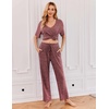 image:imageEkouaer Womens Ribbed Knit Lounge Set Short Sleeve Top and Long Pants Sleepwear Pajama Set Two Piece Matching Outfits SetWine Red