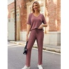 image:imageEkouaer Womens Ribbed Knit Lounge Set Short Sleeve Top and Long Pants Sleepwear Pajama Set Two Piece Matching Outfits SetWine Red