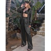 image:imageEkouaer Womens Satin Silky Pajama Set 2 Piece Print PJs Soft Loungewear Button Down Sleepwear with Elastic Waist Long PantsCblack