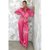 image:imageEkouaer Womens Satin Silky Pajama Set 2 Piece Print PJs Soft Loungewear Button Down Sleepwear with Elastic Waist Long PantsChot Pink