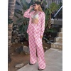 image:imageEkouaer Womens Satin Silky Pajama Set 2 Piece Print PJs Soft Loungewear Button Down Sleepwear with Elastic Waist Long PantsCnational Pattern