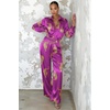 image:imageEkouaer Womens Satin Silky Pajama Set 2 Piece Print PJs Soft Loungewear Button Down Sleepwear with Elastic Waist Long PantsCpurple Leopard