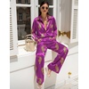 image:imageEkouaer Womens Satin Silky Pajama Set 2 Piece Print PJs Soft Loungewear Button Down Sleepwear with Elastic Waist Long PantsCpurple Leopard