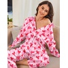 image:imageEkouaer Womens Satin Silky Pajama Set 2 Piece Print PJs Soft Loungewear Button Down Sleepwear with Elastic Waist Long PantsLove Print
