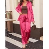 image:imageEkouaer Womens Satin Silky Pajama Set 2 Piece Print PJs Soft Loungewear Button Down Sleepwear with Elastic Waist Long PantsRose Red