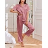 image:imageEkouaer Womens Silk Satin Pajama Sets 2 Piece Button Up Bride Pjs Soft Short Sleeve Sleepwear Long Pants Loungewear SXXLDusty Rose