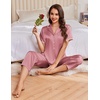 image:imageEkouaer Womens Silk Satin Pajama Sets 2 Piece Button Up Bride Pjs Soft Short Sleeve Sleepwear Long Pants Loungewear SXXLDusty Rose