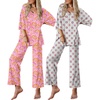 image:imageEkouaer 2 Packs Lounge Sets for Women Short Sleeve Pajamas Set V Neck Top and Long Pants Comfy Pjs Outifts with PocketsPink Cashew FlowerVintage Blooms