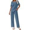 image:imageEkouaer 2 Piece Summer Waffle Knit Lounge Sets For Women Short Sleeve Top and Long Pant Pajama Set Loungewear Pjs SetSky Blue