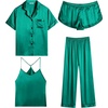 image:imageEkouaer 4PCs Womens Satin Silky Pajama Set Button Down Top and Long Pants Loungewear Camisole Top and Shorts SleepwearGreen