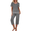 image:imageEkouaer Capri Pajama Sets for Women Short Sleeve Tops Sleepwear Sleep Sets Pjs Sets Soft Two Piece Loungewear SetsGrey