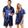 image:imageEkouaer Couple Matching Pajamas Sets Silk Short Sleeve Button Down Sleepwear Satin Pjs Shorts Set Soft Loungewear SXXLNavy