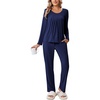 image:imageEkouaer Fall Pajamas for Women Set 2 Piece Loose Fit Sleepwear Long Sleeve Sleep Set Pjs Loungewear With PocketNavy Blue