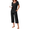 image:imageEkouaer Pajama Set for Women Short Sleeve Top With Capri Pants Pjs 2 Piece Square Neck Loungewear Soft Sleepwear with PocketsBlack