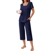 image:imageEkouaer Pajama Set for Women Short Sleeve Top With Capri Pants Pjs 2 Piece Square Neck Loungewear Soft Sleepwear with PocketsNavy Blue