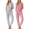image:imageEkouaer Pajamas for Women Set 2 Pack Lounge Set Short Sleeve Pjs Joggers Long Pants Loungepwear with PocketsLight Gray Stripered Stripe