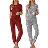 image:imageEkouaer Pajamas for Women Set 2 Pack Lounge Set Short Sleeve Pjs Joggers Long Pants Loungepwear with PocketsWine Redgrey Coffee
