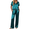 image:imageEkouaer Silk Pajamas for Women 2 Piece Satin Pjs Cap Short Sleeve Sleepwear V Neck Shirt Long Pant Lounge SetsBlue Green