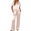 image:imageEkouaer Silk Pajamas for Women 2 Piece Satin Pjs Cap Short Sleeve Sleepwear V Neck Shirt Long Pant Lounge SetsChampagne