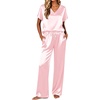 image:imageEkouaer Silk Pajamas for Women 2 Piece Satin Pjs Cap Short Sleeve Sleepwear V Neck Shirt Long Pant Lounge SetsPink