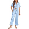 image:imageEkouaer Silk Pajamas for Women Satin Short Sleeve Pajamas Set with Ruffle 2 Pieces Button Down Tops and PantsClear Blue