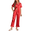 image:imageEkouaer Silk Pajamas for Women Satin Short Sleeve Pajamas Set with Ruffle 2 Pieces Button Down Tops and PantsRed