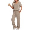 image:imageEkouaer Womens Ribbed Knit Lounge Set Short Sleeve Top and Long Pants Sleepwear Pajama Set Two Piece Matching Outfits SetKhaki