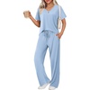 image:imageEkouaer Womens Ribbed Knit Lounge Set Short Sleeve Top and Long Pants Sleepwear Pajama Set Two Piece Matching Outfits SetLight Blue