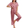 image:imageEkouaer Womens Silk Satin Pajama Sets 2 Piece Button Up Bride Pjs Soft Short Sleeve Sleepwear Long Pants Loungewear SXXLDusty Rose