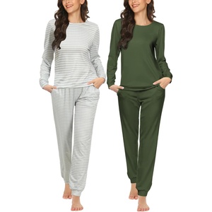 image:imageEkouaer 2 Pack Pajama Sets for WomenLong Sleeve Top With Jogger Pants Lounge Set Sleepwear with PocketsArmy Greengrey Stripes