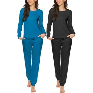 image:imageEkouaer 2 Pack Pajama Sets for WomenLong Sleeve Top With Jogger Pants Lounge Set Sleepwear with PocketsBlue Greenblack