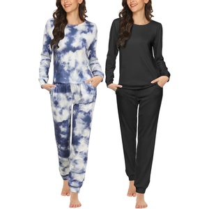 image:imageEkouaer 2 Pack Pajama Sets for WomenLong Sleeve Top With Jogger Pants Lounge Set Sleepwear with PocketsBlue Tie Dyeblack